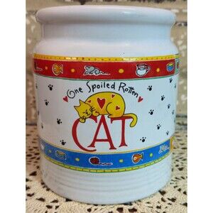 Vtg 1999 Kathy Davis Ceramic Jar Utensil Holder "One Spoiled Rotten Cat" NO LID